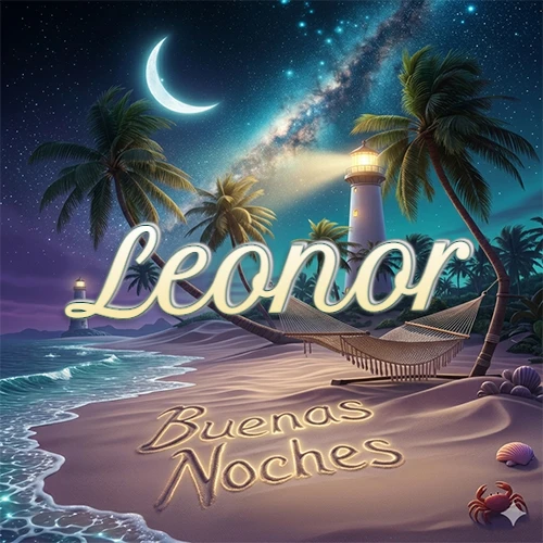 Escena nocturna mágica de una playa tropical con dos palmeras, hamaca de red y un faro iluminado en el horizonte, con la frase 'Buenas Noches' escrita artísticamente en la arena húmeda bajo la luz de la galaxia y la luna. El nombre aparece con letra luminosa grande en medio del cielo entre las dos palmeras. Nombre personalizado: Leonor. Escena nocturna mágica de una playa tropical con dos palmeras, hamaca de red y un faro iluminado en el horizonte, con la frase 'Buenas Noches' escrita artísticamente en la arena húmeda bajo la luz de la galaxia y la luna. El nombre aparece con letra luminosa grande en medio del cielo entre las dos palmeras. Nombre personalizado: Leonor.