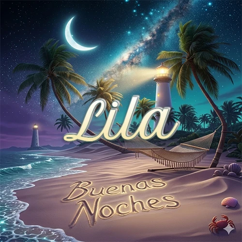 Escena nocturna mágica de una playa tropical con dos palmeras, hamaca de red y un faro iluminado en el horizonte, con la frase 'Buenas Noches' escrita artísticamente en la arena húmeda bajo la luz de la galaxia y la luna. El nombre aparece con letra luminosa grande en medio del cielo entre las dos palmeras. Nombre personalizado: Lila.