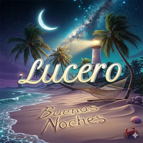 Escena nocturna mágica de una playa tropical con dos palmeras, hamaca de red y un faro iluminado en el horizonte, con la frase 'Buenas Noches' escrita artísticamente en la arena húmeda bajo la luz de la galaxia y la luna. El nombre aparece con letra luminosa grande en medio del cielo entre las dos palmeras. Nombre personalizado: Lucero. Escena nocturna mágica de una playa tropical con dos palmeras, hamaca de red y un faro iluminado en el horizonte, con la frase 'Buenas Noches' escrita artísticamente en la arena húmeda bajo la luz de la galaxia y la luna. El nombre aparece con letra luminosa grande en medio del cielo entre las dos palmeras. Nombre personalizado: Lucero.