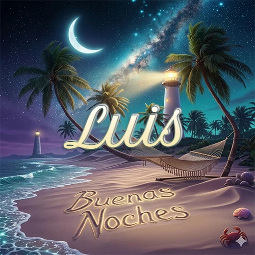 Escena nocturna mágica de una playa tropical con dos palmeras, hamaca de red y un faro iluminado en el horizonte, con la frase 'Buenas Noches' escrita artísticamente en la arena húmeda bajo la luz de la galaxia y la luna. El nombre aparece con letra luminosa grande en medio del cielo entre las dos palmeras. Nombre personalizado: Luis.
