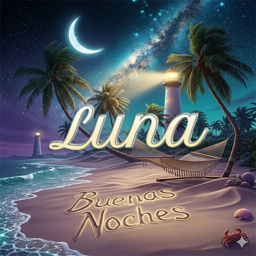 Escena nocturna mágica de una playa tropical con dos palmeras, hamaca de red y un faro iluminado en el horizonte, con la frase 'Buenas Noches' escrita artísticamente en la arena húmeda bajo la luz de la galaxia y la luna. El nombre aparece con letra luminosa grande en medio del cielo entre las dos palmeras. Nombre personalizado: Luna. Escena nocturna mágica de una playa tropical con dos palmeras, hamaca de red y un faro iluminado en el horizonte, con la frase 'Buenas Noches' escrita artísticamente en la arena húmeda bajo la luz de la galaxia y la luna. El nombre aparece con letra luminosa grande en medio del cielo entre las dos palmeras. Nombre personalizado: Luna.