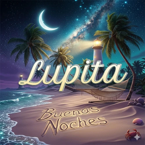 Escena nocturna mágica de una playa tropical con dos palmeras, hamaca de red y un faro iluminado en el horizonte, con la frase 'Buenas Noches' escrita artísticamente en la arena húmeda bajo la luz de la galaxia y la luna. El nombre aparece con letra luminosa grande en medio del cielo entre las dos palmeras. Nombre personalizado: Lupita. Escena nocturna mágica de una playa tropical con dos palmeras, hamaca de red y un faro iluminado en el horizonte, con la frase 'Buenas Noches' escrita artísticamente en la arena húmeda bajo la luz de la galaxia y la luna. El nombre aparece con letra luminosa grande en medio del cielo entre las dos palmeras. Nombre personalizado: Lupita.