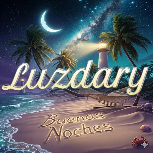 Escena nocturna mágica de una playa tropical con dos palmeras, hamaca de red y un faro iluminado en el horizonte, con la frase 'Buenas Noches' escrita artísticamente en la arena húmeda bajo la luz de la galaxia y la luna. El nombre aparece con letra luminosa grande en medio del cielo entre las dos palmeras. Nombre personalizado: Luzdary. Escena nocturna mágica de una playa tropical con dos palmeras, hamaca de red y un faro iluminado en el horizonte, con la frase 'Buenas Noches' escrita artísticamente en la arena húmeda bajo la luz de la galaxia y la luna. El nombre aparece con letra luminosa grande en medio del cielo entre las dos palmeras. Nombre personalizado: Luzdary.