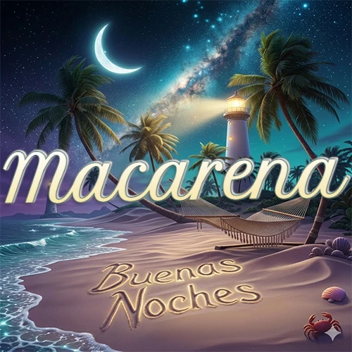 Escena nocturna mágica de una playa tropical con dos palmeras, hamaca de red y un faro iluminado en el horizonte, con la frase 'Buenas Noches' escrita artísticamente en la arena húmeda bajo la luz de la galaxia y la luna. El nombre aparece con letra luminosa grande en medio del cielo entre las dos palmeras. Nombre personalizado: Macarena. Escena nocturna mágica de una playa tropical con dos palmeras, hamaca de red y un faro iluminado en el horizonte, con la frase 'Buenas Noches' escrita artísticamente en la arena húmeda bajo la luz de la galaxia y la luna. El nombre aparece con letra luminosa grande en medio del cielo entre las dos palmeras. Nombre personalizado: Macarena.