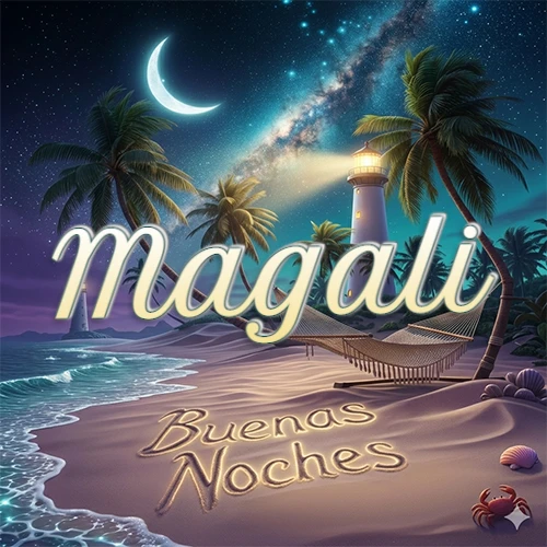 Escena nocturna mágica de una playa tropical con dos palmeras, hamaca de red y un faro iluminado en el horizonte, con la frase 'Buenas Noches' escrita artísticamente en la arena húmeda bajo la luz de la galaxia y la luna. El nombre aparece con letra luminosa grande en medio del cielo entre las dos palmeras. Nombre personalizado: Magali.