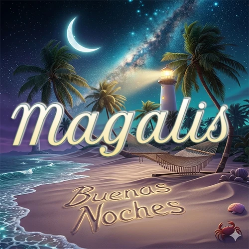 Escena nocturna mágica de una playa tropical con dos palmeras, hamaca de red y un faro iluminado en el horizonte, con la frase 'Buenas Noches' escrita artísticamente en la arena húmeda bajo la luz de la galaxia y la luna. El nombre aparece con letra luminosa grande en medio del cielo entre las dos palmeras. Nombre personalizado: Magalis. Escena nocturna mágica de una playa tropical con dos palmeras, hamaca de red y un faro iluminado en el horizonte, con la frase 'Buenas Noches' escrita artísticamente en la arena húmeda bajo la luz de la galaxia y la luna. El nombre aparece con letra luminosa grande en medio del cielo entre las dos palmeras. Nombre personalizado: Magalis.