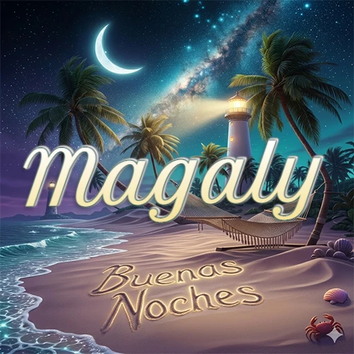 Escena nocturna mágica de una playa tropical con dos palmeras, hamaca de red y un faro iluminado en el horizonte, con la frase 'Buenas Noches' escrita artísticamente en la arena húmeda bajo la luz de la galaxia y la luna. El nombre aparece con letra luminosa grande en medio del cielo entre las dos palmeras. Nombre personalizado: Magaly. Escena nocturna mágica de una playa tropical con dos palmeras, hamaca de red y un faro iluminado en el horizonte, con la frase 'Buenas Noches' escrita artísticamente en la arena húmeda bajo la luz de la galaxia y la luna. El nombre aparece con letra luminosa grande en medio del cielo entre las dos palmeras. Nombre personalizado: Magaly.