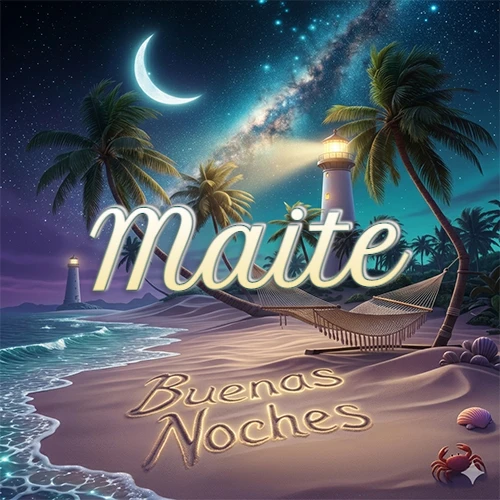 Escena nocturna mágica de una playa tropical con dos palmeras, hamaca de red y un faro iluminado en el horizonte, con la frase 'Buenas Noches' escrita artísticamente en la arena húmeda bajo la luz de la galaxia y la luna. El nombre aparece con letra luminosa grande en medio del cielo entre las dos palmeras. Nombre personalizado: Maite. Escena nocturna mágica de una playa tropical con dos palmeras, hamaca de red y un faro iluminado en el horizonte, con la frase 'Buenas Noches' escrita artísticamente en la arena húmeda bajo la luz de la galaxia y la luna. El nombre aparece con letra luminosa grande en medio del cielo entre las dos palmeras. Nombre personalizado: Maite.