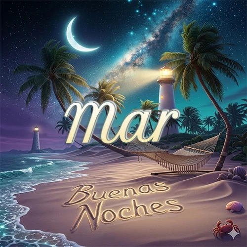 Escena nocturna mágica de una playa tropical con dos palmeras, hamaca de red y un faro iluminado en el horizonte, con la frase 'Buenas Noches' escrita artísticamente en la arena húmeda bajo la luz de la galaxia y la luna. El nombre aparece con letra luminosa grande en medio del cielo entre las dos palmeras. Nombre personalizado: Mar.