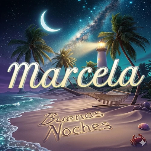 Escena nocturna mágica de una playa tropical con dos palmeras, hamaca de red y un faro iluminado en el horizonte, con la frase 'Buenas Noches' escrita artísticamente en la arena húmeda bajo la luz de la galaxia y la luna. El nombre aparece con letra luminosa grande en medio del cielo entre las dos palmeras. Nombre personalizado: Marcela. Escena nocturna mágica de una playa tropical con dos palmeras, hamaca de red y un faro iluminado en el horizonte, con la frase 'Buenas Noches' escrita artísticamente en la arena húmeda bajo la luz de la galaxia y la luna. El nombre aparece con letra luminosa grande en medio del cielo entre las dos palmeras. Nombre personalizado: Marcela.