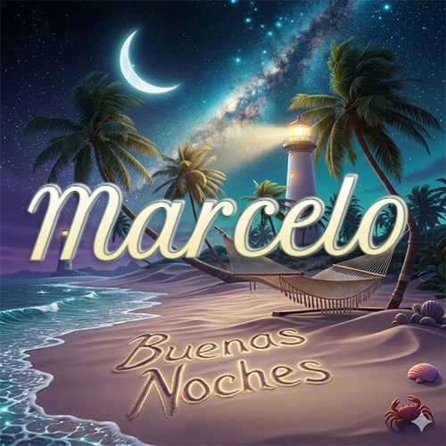 Escena nocturna mágica de una playa tropical con dos palmeras, hamaca de red y un faro iluminado en el horizonte, con la frase 'Buenas Noches' escrita artísticamente en la arena húmeda bajo la luz de la galaxia y la luna. El nombre aparece con letra luminosa grande en medio del cielo entre las dos palmeras. Nombre personalizado: Marcelo.