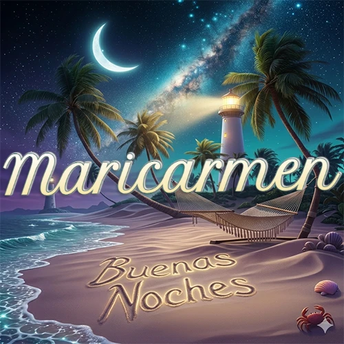 Escena nocturna mágica de una playa tropical con dos palmeras, hamaca de red y un faro iluminado en el horizonte, con la frase 'Buenas Noches' escrita artísticamente en la arena húmeda bajo la luz de la galaxia y la luna. El nombre aparece con letra luminosa grande en medio del cielo entre las dos palmeras. Nombre personalizado: Maricarmen. Escena nocturna mágica de una playa tropical con dos palmeras, hamaca de red y un faro iluminado en el horizonte, con la frase 'Buenas Noches' escrita artísticamente en la arena húmeda bajo la luz de la galaxia y la luna. El nombre aparece con letra luminosa grande en medio del cielo entre las dos palmeras. Nombre personalizado: Maricarmen.