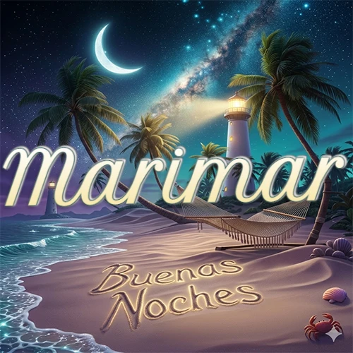 Escena nocturna mágica de una playa tropical con dos palmeras, hamaca de red y un faro iluminado en el horizonte, con la frase 'Buenas Noches' escrita artísticamente en la arena húmeda bajo la luz de la galaxia y la luna. El nombre aparece con letra luminosa grande en medio del cielo entre las dos palmeras. Nombre personalizado: Marimar.