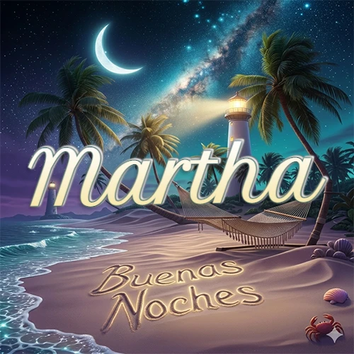 Escena nocturna mágica de una playa tropical con dos palmeras, hamaca de red y un faro iluminado en el horizonte, con la frase 'Buenas Noches' escrita artísticamente en la arena húmeda bajo la luz de la galaxia y la luna. El nombre aparece con letra luminosa grande en medio del cielo entre las dos palmeras. Nombre personalizado: Martha.