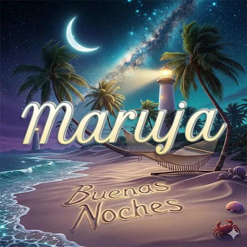 Escena nocturna mágica de una playa tropical con dos palmeras, hamaca de red y un faro iluminado en el horizonte, con la frase 'Buenas Noches' escrita artísticamente en la arena húmeda bajo la luz de la galaxia y la luna. El nombre aparece con letra luminosa grande en medio del cielo entre las dos palmeras. Nombre personalizado: Maruja.