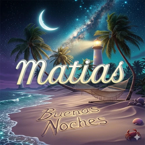 Escena nocturna mágica de una playa tropical con dos palmeras, hamaca de red y un faro iluminado en el horizonte, con la frase 'Buenas Noches' escrita artísticamente en la arena húmeda bajo la luz de la galaxia y la luna. El nombre aparece con letra luminosa grande en medio del cielo entre las dos palmeras. Nombre personalizado: Matias.