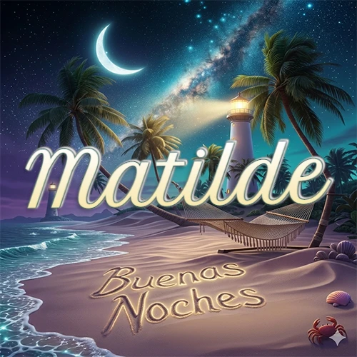 Escena nocturna mágica de una playa tropical con dos palmeras, hamaca de red y un faro iluminado en el horizonte, con la frase 'Buenas Noches' escrita artísticamente en la arena húmeda bajo la luz de la galaxia y la luna. El nombre aparece con letra luminosa grande en medio del cielo entre las dos palmeras. Nombre personalizado: Matilde.