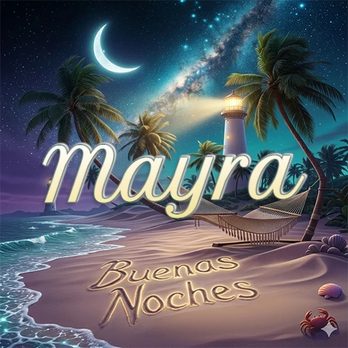 Escena nocturna mágica de una playa tropical con dos palmeras, hamaca de red y un faro iluminado en el horizonte, con la frase 'Buenas Noches' escrita artísticamente en la arena húmeda bajo la luz de la galaxia y la luna. El nombre aparece con letra luminosa grande en medio del cielo entre las dos palmeras. Nombre personalizado: Mayra.