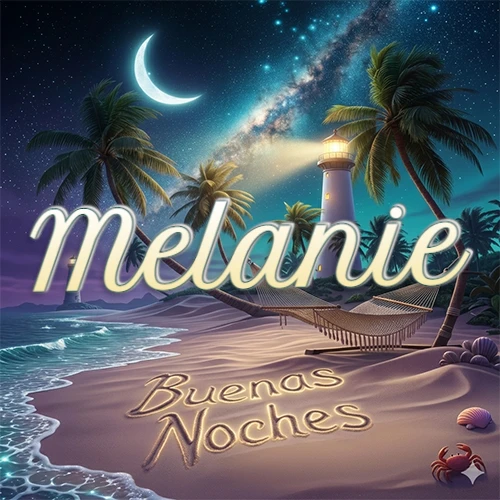 Escena nocturna mágica de una playa tropical con dos palmeras, hamaca de red y un faro iluminado en el horizonte, con la frase 'Buenas Noches' escrita artísticamente en la arena húmeda bajo la luz de la galaxia y la luna. El nombre aparece con letra luminosa grande en medio del cielo entre las dos palmeras. Nombre personalizado: Melanie.