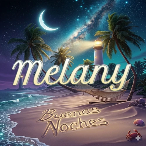 Escena nocturna mágica de una playa tropical con dos palmeras, hamaca de red y un faro iluminado en el horizonte, con la frase 'Buenas Noches' escrita artísticamente en la arena húmeda bajo la luz de la galaxia y la luna. El nombre aparece con letra luminosa grande en medio del cielo entre las dos palmeras. Nombre personalizado: Melany.