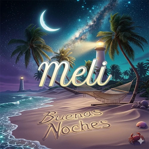 Escena nocturna mágica de una playa tropical con dos palmeras, hamaca de red y un faro iluminado en el horizonte, con la frase 'Buenas Noches' escrita artísticamente en la arena húmeda bajo la luz de la galaxia y la luna. El nombre aparece con letra luminosa grande en medio del cielo entre las dos palmeras. Nombre personalizado: Meli.
