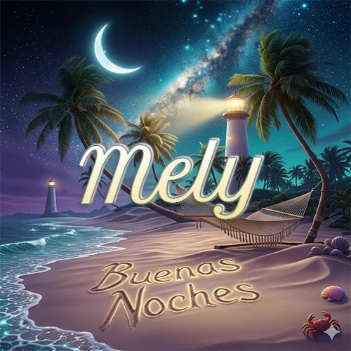 Escena nocturna mágica de una playa tropical con dos palmeras, hamaca de red y un faro iluminado en el horizonte, con la frase 'Buenas Noches' escrita artísticamente en la arena húmeda bajo la luz de la galaxia y la luna. El nombre aparece con letra luminosa grande en medio del cielo entre las dos palmeras. Nombre personalizado: Mely.