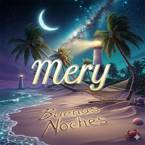 Escena nocturna mágica de una playa tropical con dos palmeras, hamaca de red y un faro iluminado en el horizonte, con la frase 'Buenas Noches' escrita artísticamente en la arena húmeda bajo la luz de la galaxia y la luna. El nombre aparece con letra luminosa grande en medio del cielo entre las dos palmeras. Nombre personalizado: Mery.