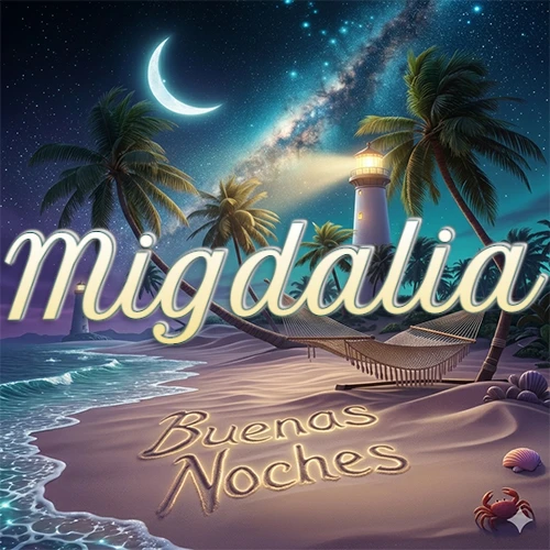 Escena nocturna mágica de una playa tropical con dos palmeras, hamaca de red y un faro iluminado en el horizonte, con la frase 'Buenas Noches' escrita artísticamente en la arena húmeda bajo la luz de la galaxia y la luna. El nombre aparece con letra luminosa grande en medio del cielo entre las dos palmeras. Nombre personalizado: Migdalia.