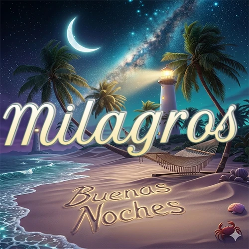 Escena nocturna mágica de una playa tropical con dos palmeras, hamaca de red y un faro iluminado en el horizonte, con la frase 'Buenas Noches' escrita artísticamente en la arena húmeda bajo la luz de la galaxia y la luna. El nombre aparece con letra luminosa grande en medio del cielo entre las dos palmeras. Nombre personalizado: Milagros.