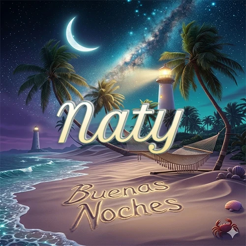 Escena nocturna mágica de una playa tropical con dos palmeras, hamaca de red y un faro iluminado en el horizonte, con la frase 'Buenas Noches' escrita artísticamente en la arena húmeda bajo la luz de la galaxia y la luna. El nombre aparece con letra luminosa grande en medio del cielo entre las dos palmeras. Nombre personalizado: Naty.