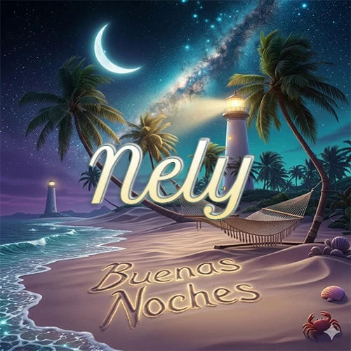 Escena nocturna mágica de una playa tropical con dos palmeras, hamaca de red y un faro iluminado en el horizonte, con la frase 'Buenas Noches' escrita artísticamente en la arena húmeda bajo la luz de la galaxia y la luna. El nombre aparece con letra luminosa grande en medio del cielo entre las dos palmeras. Nombre personalizado: Nely.