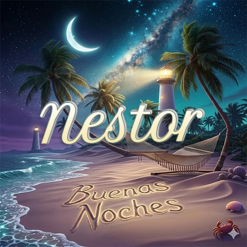 Escena nocturna mágica de una playa tropical con dos palmeras, hamaca de red y un faro iluminado en el horizonte, con la frase 'Buenas Noches' escrita artísticamente en la arena húmeda bajo la luz de la galaxia y la luna. El nombre aparece con letra luminosa grande en medio del cielo entre las dos palmeras. Nombre personalizado: Nestor.