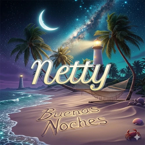 Escena nocturna mágica de una playa tropical con dos palmeras, hamaca de red y un faro iluminado en el horizonte, con la frase 'Buenas Noches' escrita artísticamente en la arena húmeda bajo la luz de la galaxia y la luna. El nombre aparece con letra luminosa grande en medio del cielo entre las dos palmeras. Nombre personalizado: Netty.