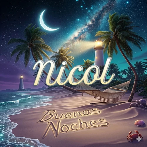 Escena nocturna mágica de una playa tropical con dos palmeras, hamaca de red y un faro iluminado en el horizonte, con la frase 'Buenas Noches' escrita artísticamente en la arena húmeda bajo la luz de la galaxia y la luna. El nombre aparece con letra luminosa grande en medio del cielo entre las dos palmeras. Nombre personalizado: Nicol.