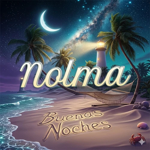 Escena nocturna mágica de una playa tropical con dos palmeras, hamaca de red y un faro iluminado en el horizonte, con la frase 'Buenas Noches' escrita artísticamente en la arena húmeda bajo la luz de la galaxia y la luna. El nombre aparece con letra luminosa grande en medio del cielo entre las dos palmeras. Nombre personalizado: Nolma.