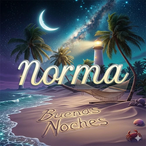 Escena nocturna mágica de una playa tropical con dos palmeras, hamaca de red y un faro iluminado en el horizonte, con la frase 'Buenas Noches' escrita artísticamente en la arena húmeda bajo la luz de la galaxia y la luna. El nombre aparece con letra luminosa grande en medio del cielo entre las dos palmeras. Nombre personalizado: Norma.