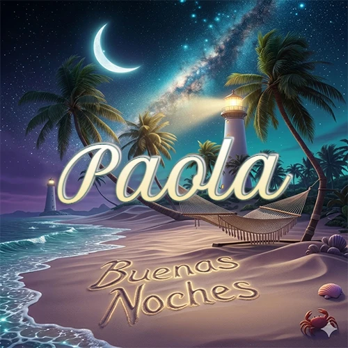 Escena nocturna mágica de una playa tropical con dos palmeras, hamaca de red y un faro iluminado en el horizonte, con la frase 'Buenas Noches' escrita artísticamente en la arena húmeda bajo la luz de la galaxia y la luna. El nombre aparece con letra luminosa grande en medio del cielo entre las dos palmeras. Nombre personalizado: Paola.