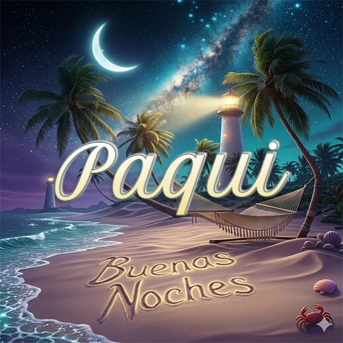 Escena nocturna mágica de una playa tropical con dos palmeras, hamaca de red y un faro iluminado en el horizonte, con la frase 'Buenas Noches' escrita artísticamente en la arena húmeda bajo la luz de la galaxia y la luna. El nombre aparece con letra luminosa grande en medio del cielo entre las dos palmeras. Nombre personalizado: Paqui.