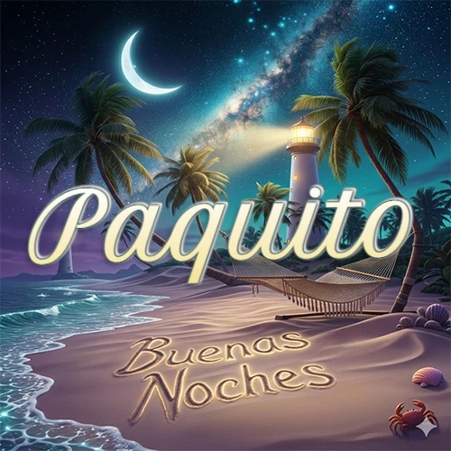 Escena nocturna mágica de una playa tropical con dos palmeras, hamaca de red y un faro iluminado en el horizonte, con la frase 'Buenas Noches' escrita artísticamente en la arena húmeda bajo la luz de la galaxia y la luna. El nombre aparece con letra luminosa grande en medio del cielo entre las dos palmeras. Nombre personalizado: Paquito.