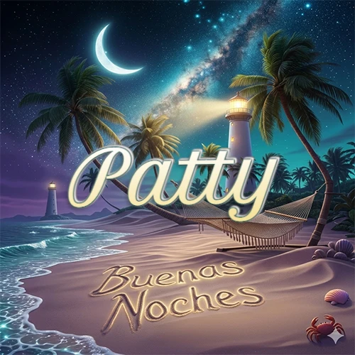 Escena nocturna mágica de una playa tropical con dos palmeras, hamaca de red y un faro iluminado en el horizonte, con la frase 'Buenas Noches' escrita artísticamente en la arena húmeda bajo la luz de la galaxia y la luna. El nombre aparece con letra luminosa grande en medio del cielo entre las dos palmeras. Nombre personalizado: Patty.