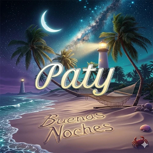 Escena nocturna mágica de una playa tropical con dos palmeras, hamaca de red y un faro iluminado en el horizonte, con la frase 'Buenas Noches' escrita artísticamente en la arena húmeda bajo la luz de la galaxia y la luna. El nombre aparece con letra luminosa grande en medio del cielo entre las dos palmeras. Nombre personalizado: Paty.