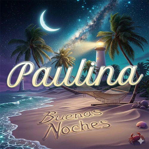 Escena nocturna mágica de una playa tropical con dos palmeras, hamaca de red y un faro iluminado en el horizonte, con la frase 'Buenas Noches' escrita artísticamente en la arena húmeda bajo la luz de la galaxia y la luna. El nombre aparece con letra luminosa grande en medio del cielo entre las dos palmeras. Nombre personalizado: Paulina.