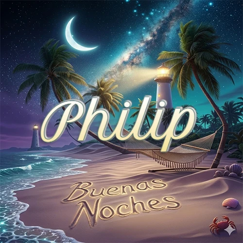 Escena nocturna mágica de una playa tropical con dos palmeras, hamaca de red y un faro iluminado en el horizonte, con la frase 'Buenas Noches' escrita artísticamente en la arena húmeda bajo la luz de la galaxia y la luna. El nombre aparece con letra luminosa grande en medio del cielo entre las dos palmeras. Nombre personalizado: Philip.