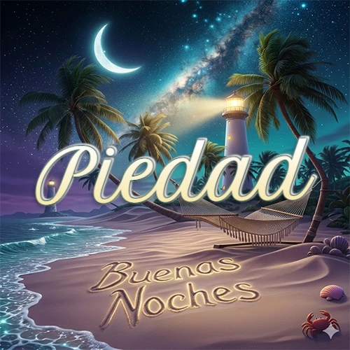 Escena nocturna mágica de una playa tropical con dos palmeras, hamaca de red y un faro iluminado en el horizonte, con la frase 'Buenas Noches' escrita artísticamente en la arena húmeda bajo la luz de la galaxia y la luna. El nombre aparece con letra luminosa grande en medio del cielo entre las dos palmeras. Nombre personalizado: Piedad.