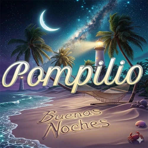 Escena nocturna mágica de una playa tropical con dos palmeras, hamaca de red y un faro iluminado en el horizonte, con la frase 'Buenas Noches' escrita artísticamente en la arena húmeda bajo la luz de la galaxia y la luna. El nombre aparece con letra luminosa grande en medio del cielo entre las dos palmeras. Nombre personalizado: Pompilio.