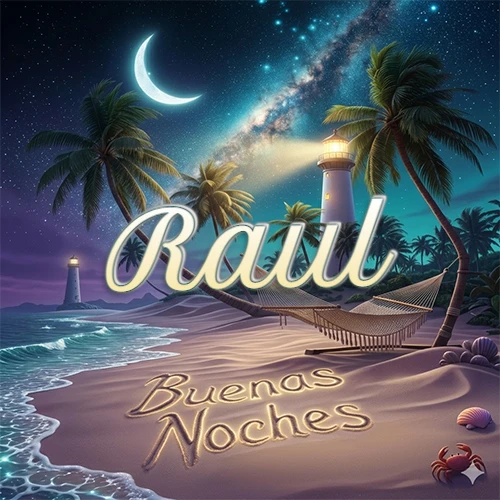 Escena nocturna mágica de una playa tropical con dos palmeras, hamaca de red y un faro iluminado en el horizonte, con la frase 'Buenas Noches' escrita artísticamente en la arena húmeda bajo la luz de la galaxia y la luna. El nombre aparece con letra luminosa grande en medio del cielo entre las dos palmeras. Nombre personalizado: Raul.