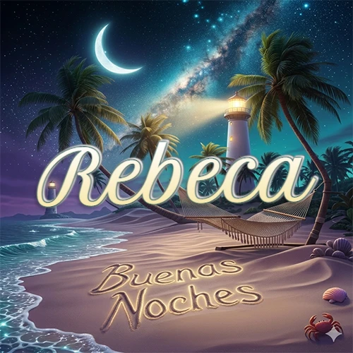 Escena nocturna mágica de una playa tropical con dos palmeras, hamaca de red y un faro iluminado en el horizonte, con la frase 'Buenas Noches' escrita artísticamente en la arena húmeda bajo la luz de la galaxia y la luna. El nombre aparece con letra luminosa grande en medio del cielo entre las dos palmeras. Nombre personalizado: Rebeca.