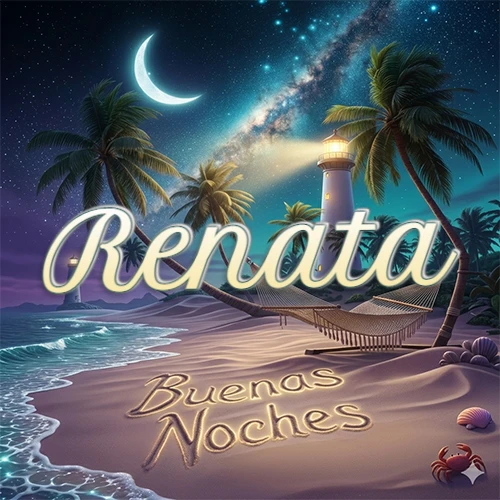 Escena nocturna mágica de una playa tropical con dos palmeras, hamaca de red y un faro iluminado en el horizonte, con la frase 'Buenas Noches' escrita artísticamente en la arena húmeda bajo la luz de la galaxia y la luna. El nombre aparece con letra luminosa grande en medio del cielo entre las dos palmeras. Nombre personalizado: Renata.