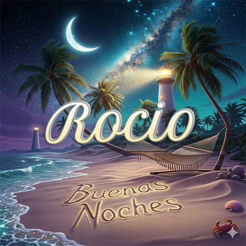 Escena nocturna mágica de una playa tropical con dos palmeras, hamaca de red y un faro iluminado en el horizonte, con la frase 'Buenas Noches' escrita artísticamente en la arena húmeda bajo la luz de la galaxia y la luna. El nombre aparece con letra luminosa grande en medio del cielo entre las dos palmeras. Nombre personalizado: Rocio. Escena nocturna mágica de una playa tropical con dos palmeras, hamaca de red y un faro iluminado en el horizonte, con la frase 'Buenas Noches' escrita artísticamente en la arena húmeda bajo la luz de la galaxia y la luna. El nombre aparece con letra luminosa grande en medio del cielo entre las dos palmeras. Nombre personalizado: Rocio.