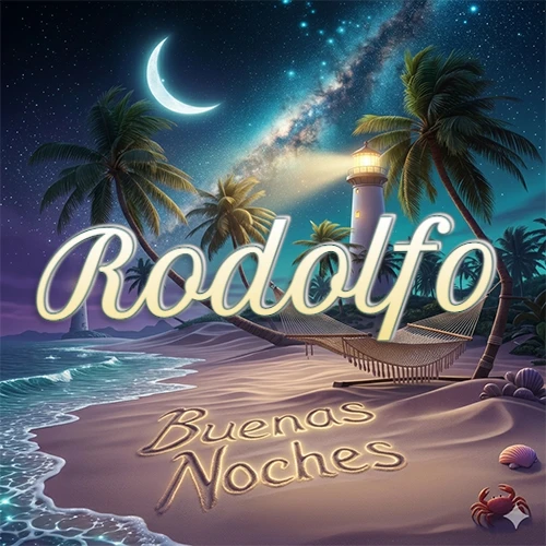 Escena nocturna mágica de una playa tropical con dos palmeras, hamaca de red y un faro iluminado en el horizonte, con la frase 'Buenas Noches' escrita artísticamente en la arena húmeda bajo la luz de la galaxia y la luna. El nombre aparece con letra luminosa grande en medio del cielo entre las dos palmeras. Nombre personalizado: Rodolfo.